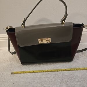 Elegant Women's Satchel in Gray, Black, and Dark Red